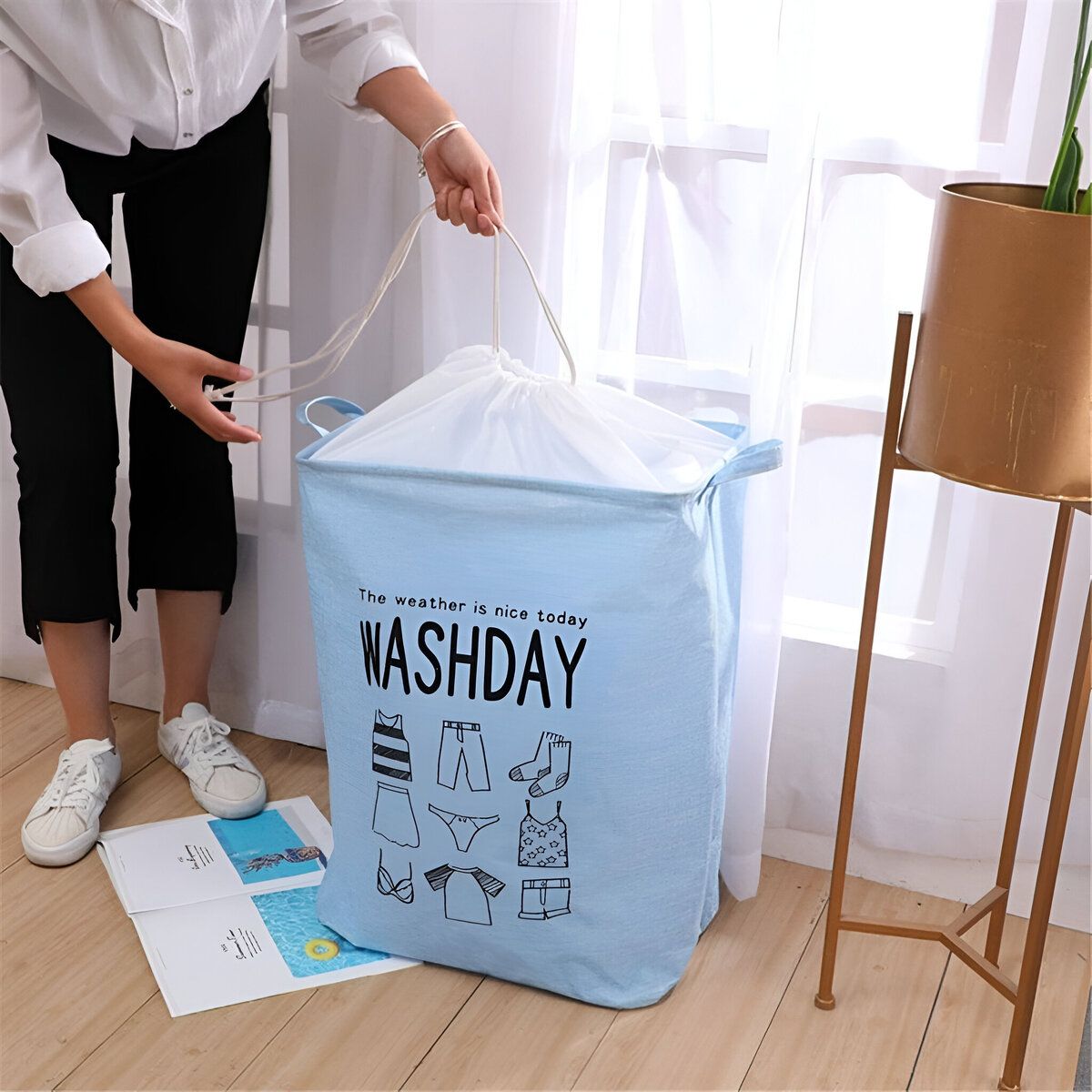 ELMEJORPRECIO - Cesta De Ropa Impermeable Multiuso Con Ajuste Washday Celeste