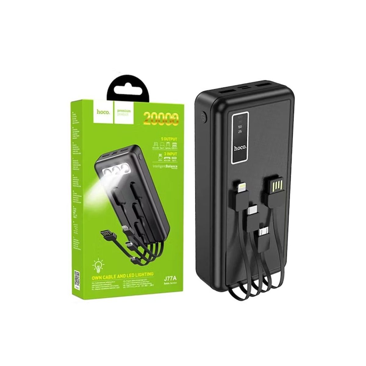 HOCO - Power Bank Hoco J77A 20.000mAh iluminación Led 4 Cables Negro