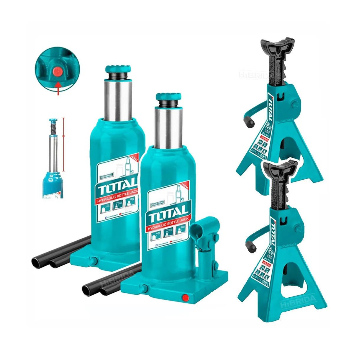 TOTAL TOOLS - COMBO GATA HIDRÁULICA BOTELLA 2TON X2 + CABALLETE AUTO 2 TON TOTAL