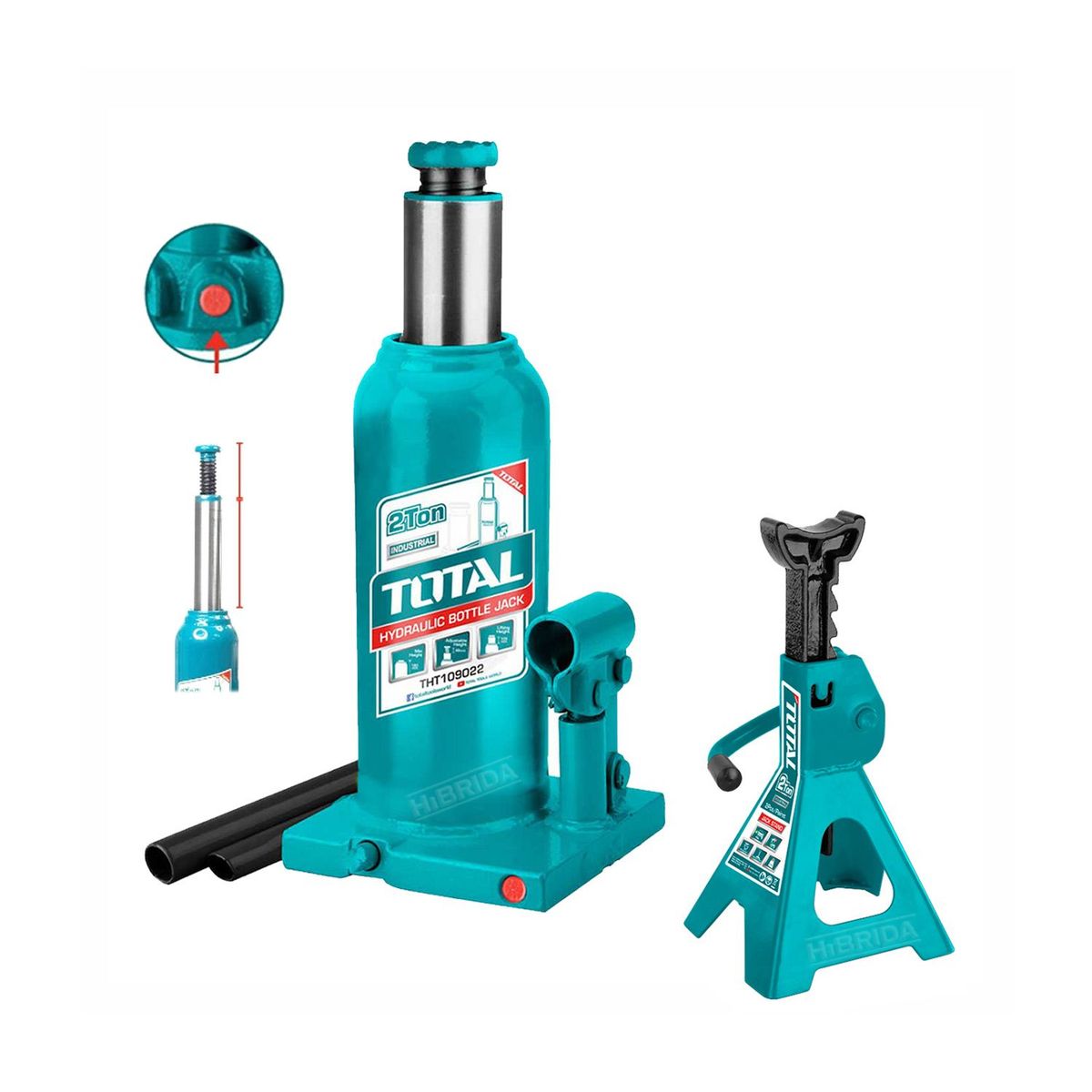 TOTAL TOOLS - COMBO GATA HIDRÁULICA BOTELLA 2TON + CABALLETE 2 TON AUTO TOTAL