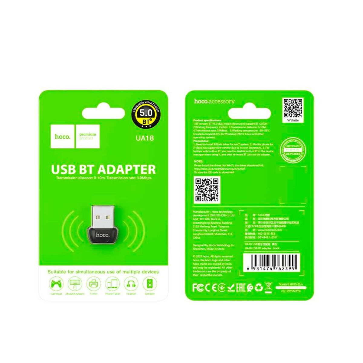 GENERICO - Adaptador USB Bluetooth UA18 HOCO Transmisor TV Laptop Sin Cables