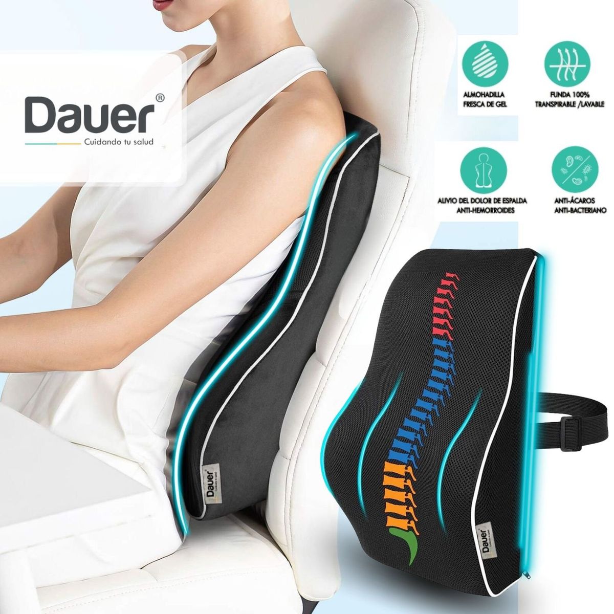 DAUER - Cojín Respaldar Lumbar DAUER Gel + Bambu con forro Negro y Bolsillo