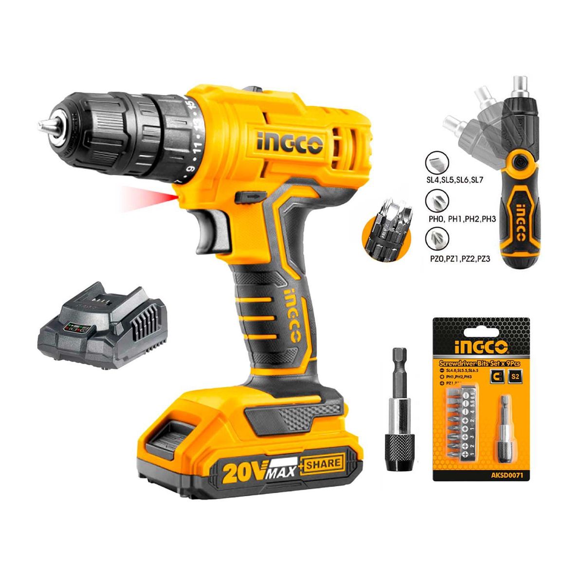 INGCO TOOLS - COMBO TALADRO ATORNILLADOR INGCO 20V CON DESARMADOR Y PUNTAS ADAPTADOR