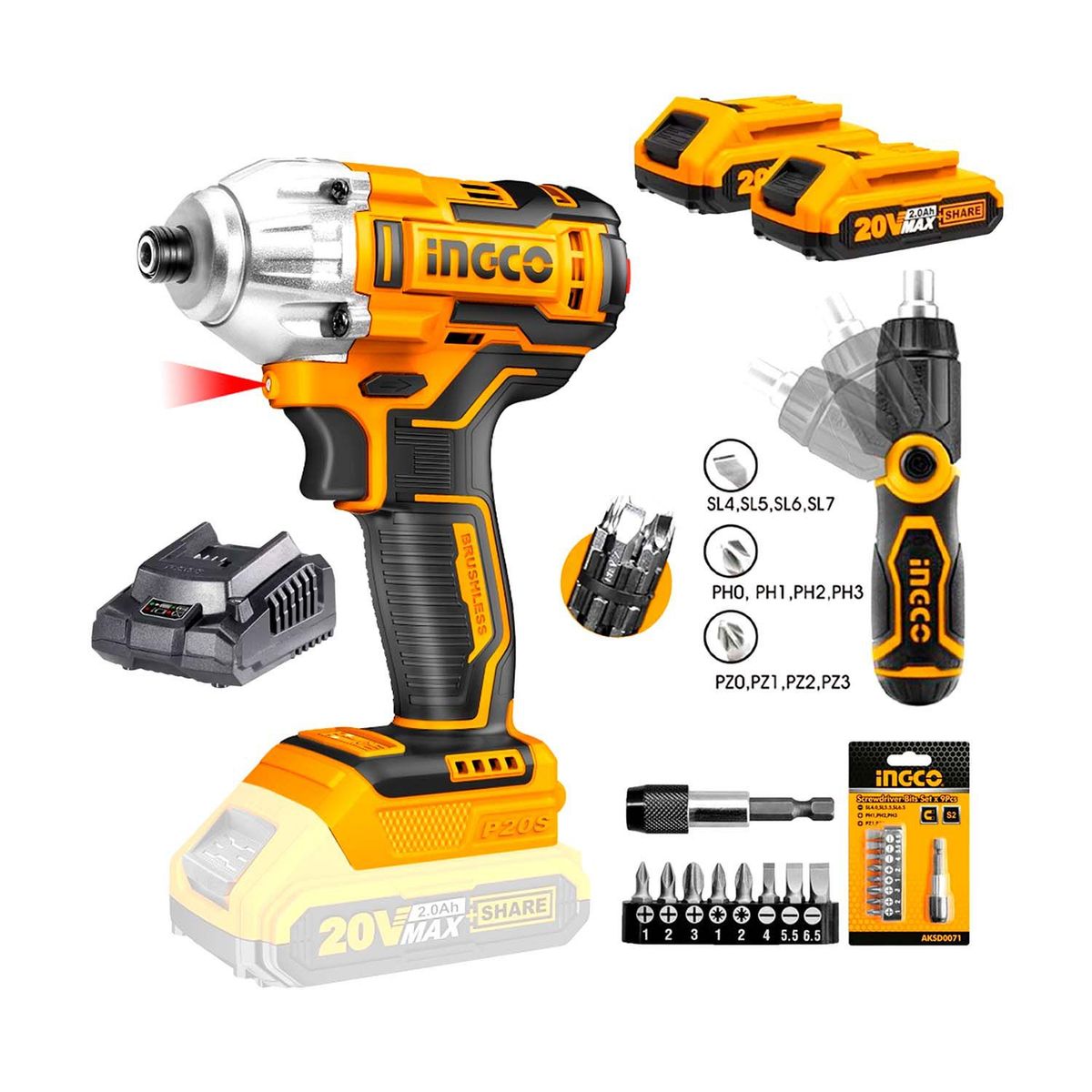 INGCO TOOLS - COMBO ATORNILLADOR IMPACTO 20V CON PORTAPUNTAS 9PZS MÁS DESARMADOR