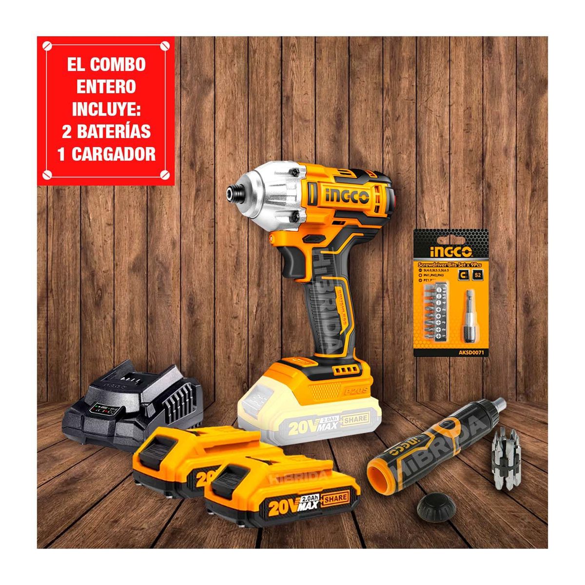 INGCO TOOLS - COMBO ATORNILLADOR IMPACTO 20V CON PORTAPUNTAS 9PZS MÁS DESARMADOR