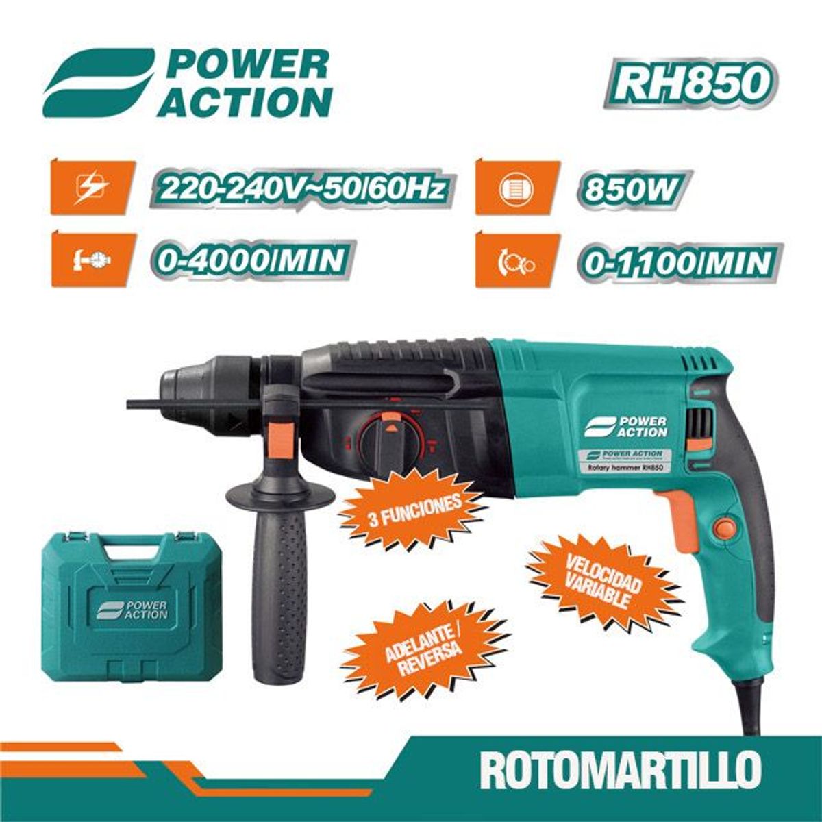 GENERICO - Taladro Rotomartillo 850W SDS PLUS 3J POWER ACTION