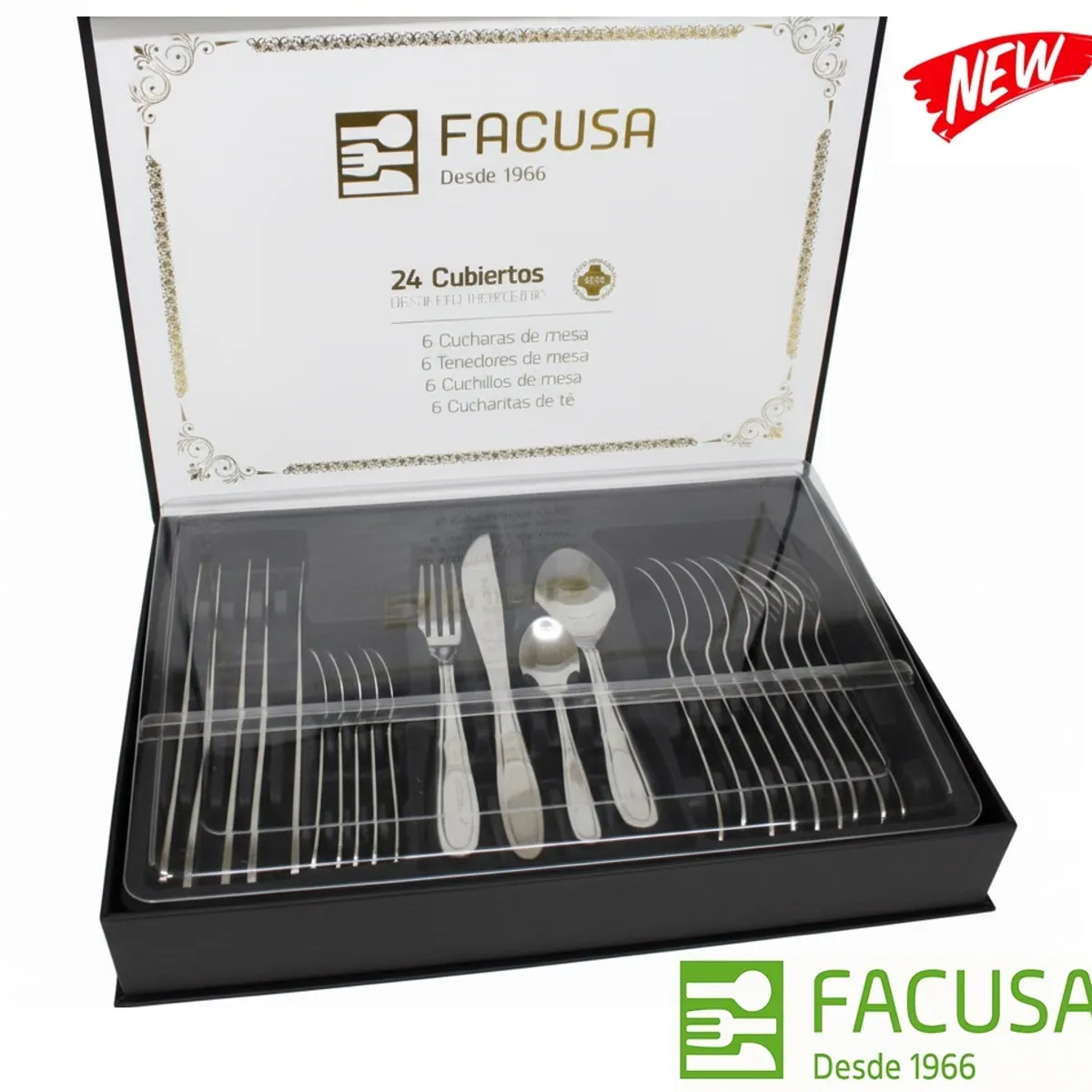 FACUSA - Juego de Cubiertos Facusa x 24 piezas Caja de Regalo Color Negro