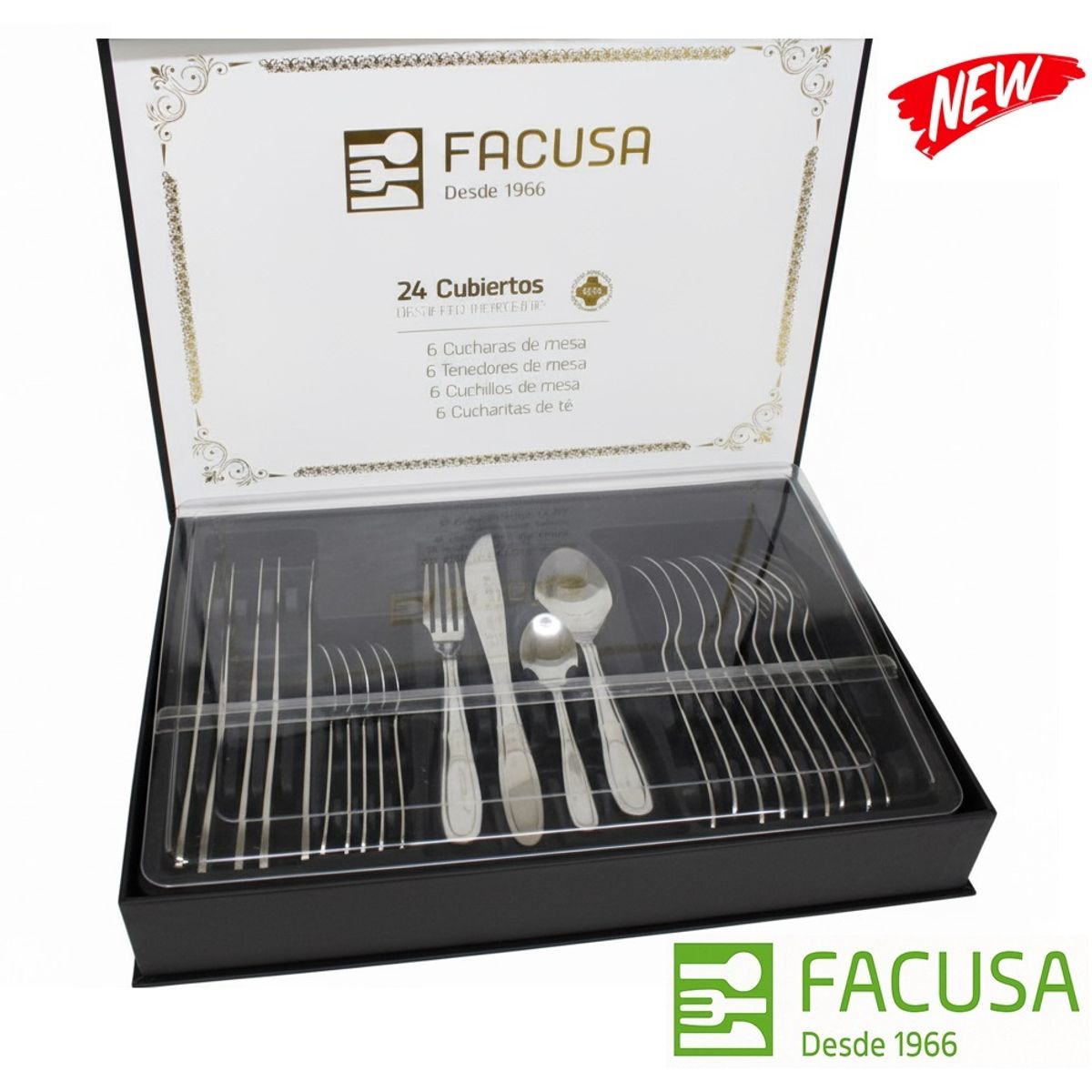 FACUSA - Juego de Cubiertos Facusa x 24 piezas Caja de Regalo Color Negro