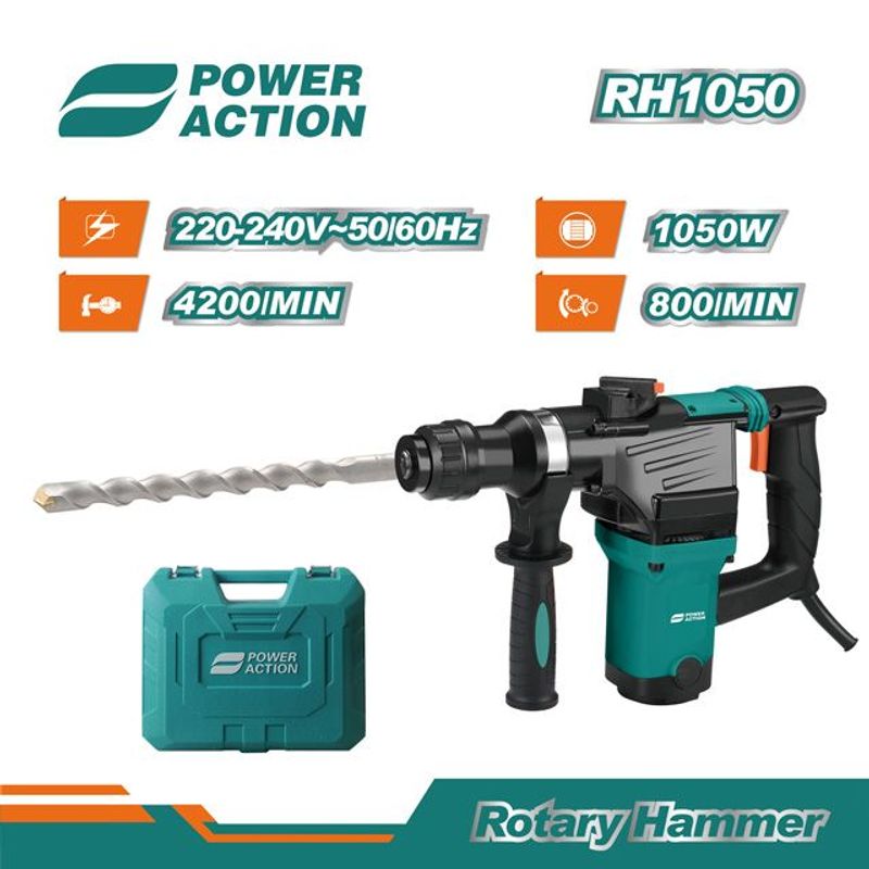 POWER ACTION - TALADRO ROTOMARTILLO 1050W SDS PLUS MALETIN 5J POWER ACTION
