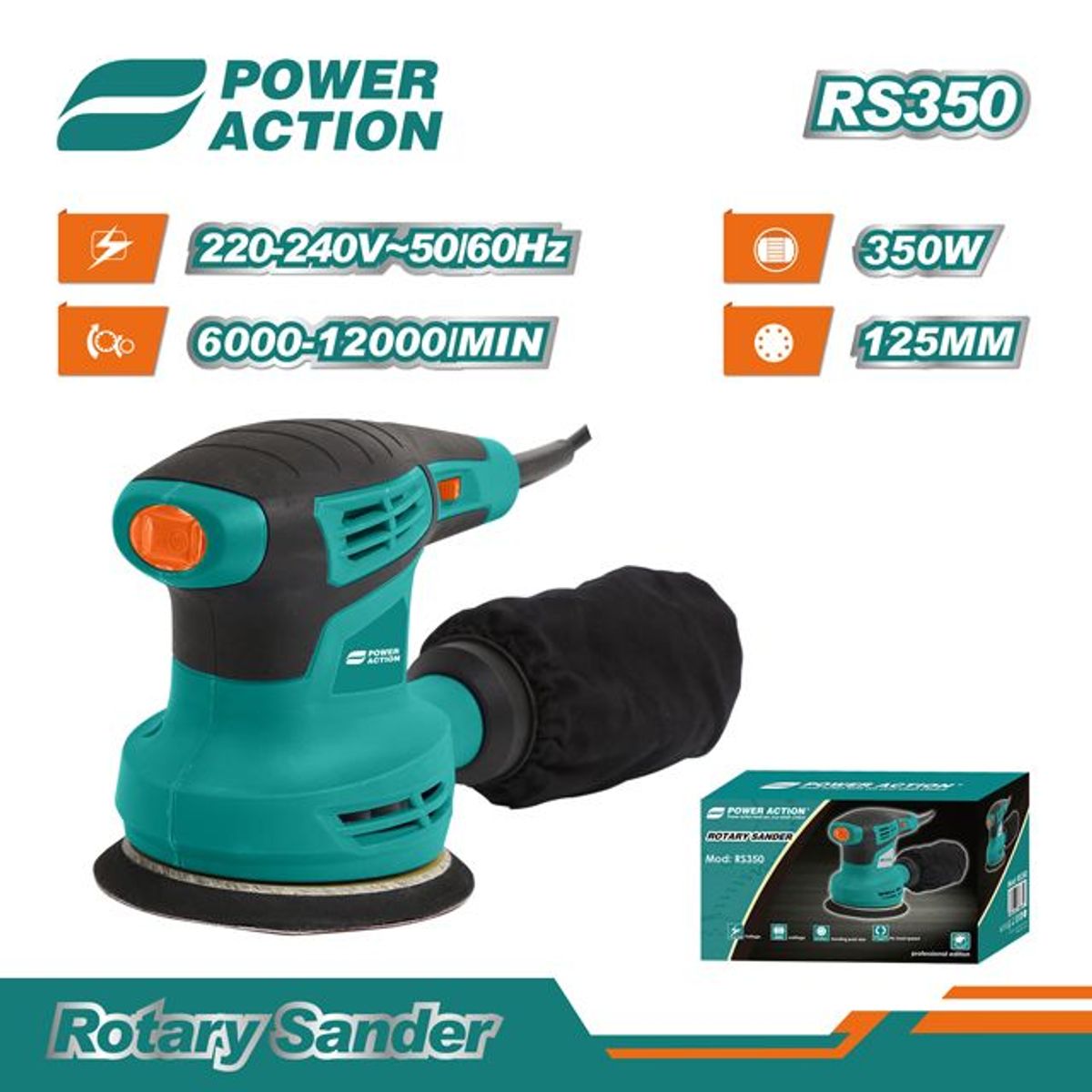 POWER ACTION - Lijadora excéntrica o roto-orbital 350w industrial POWER ACTION