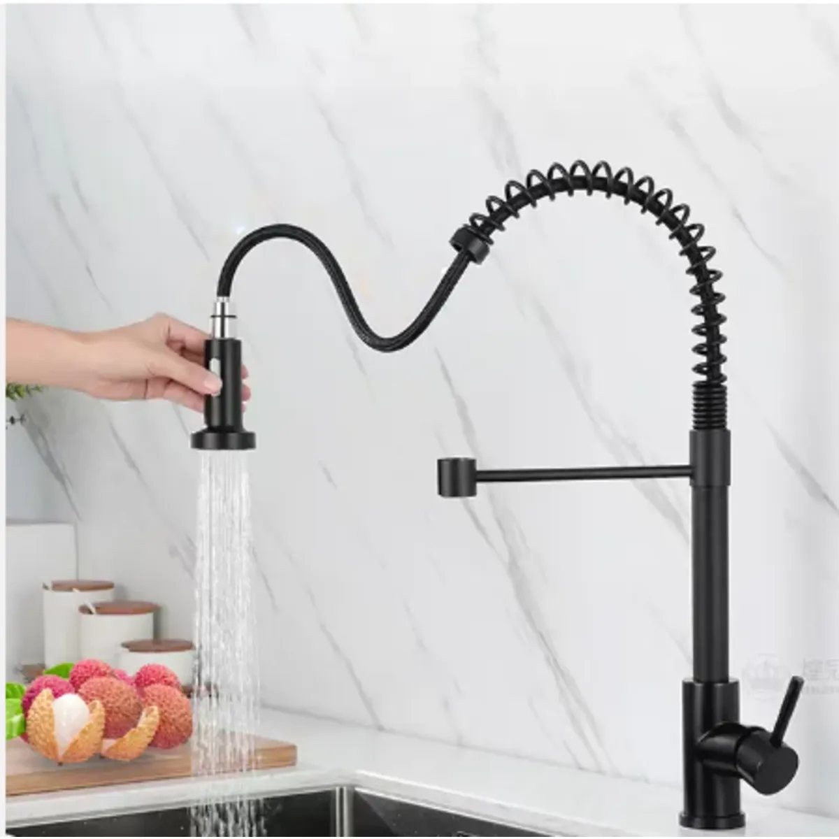 GENERICO - GRIFERIA COCINA MEZCLADORA EXTRAIBLE NEGRA ACERO MONOCOMANDO