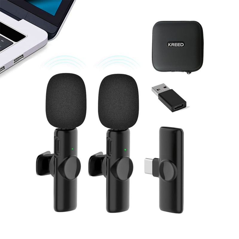 KREED - Micrófono Inalámbrico Solapero 2 en 1 Tipo C + Adaptador para Pc