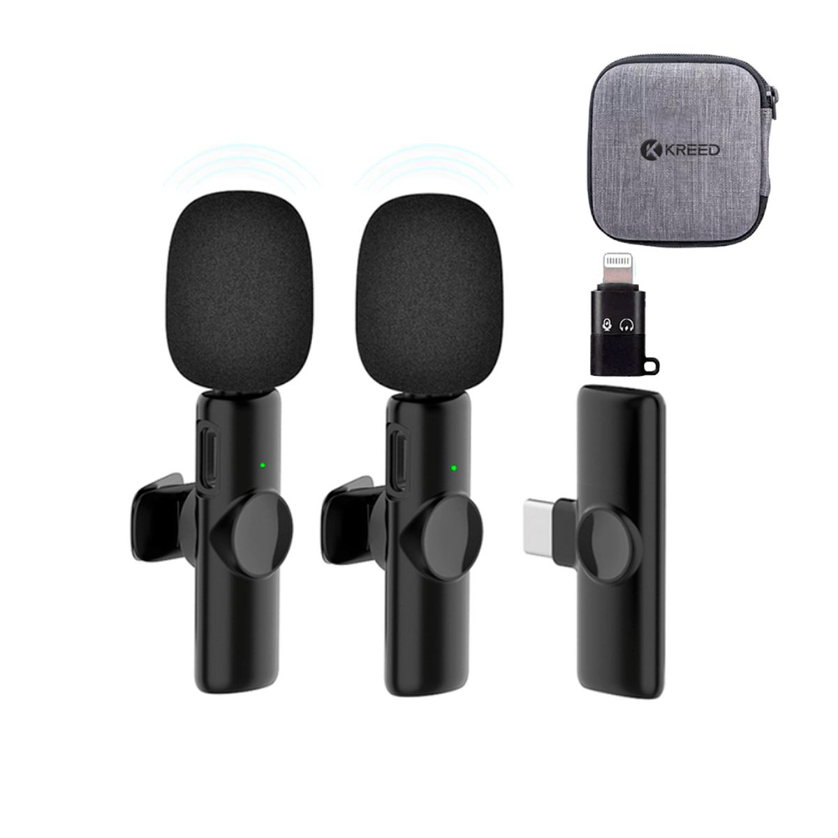KREED - Micrófono Inalámbrico Solapero 2 en 1 Tipo C + Adaptador para iPhone