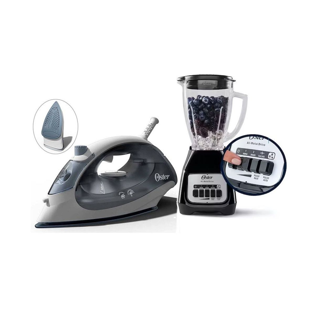 OSTER - Combo Plancha Compacta Oster y Licuadora de 2V con Pulsador Negro