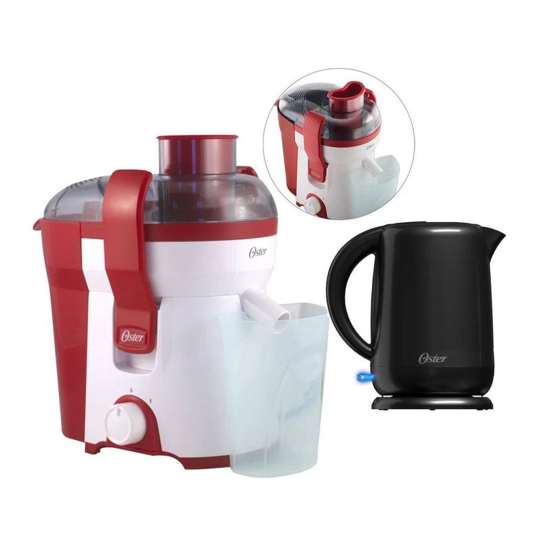 OSTER - Combo Extractor de jugos 400W Rojo y Hervidor Eléctrico Negro Oster