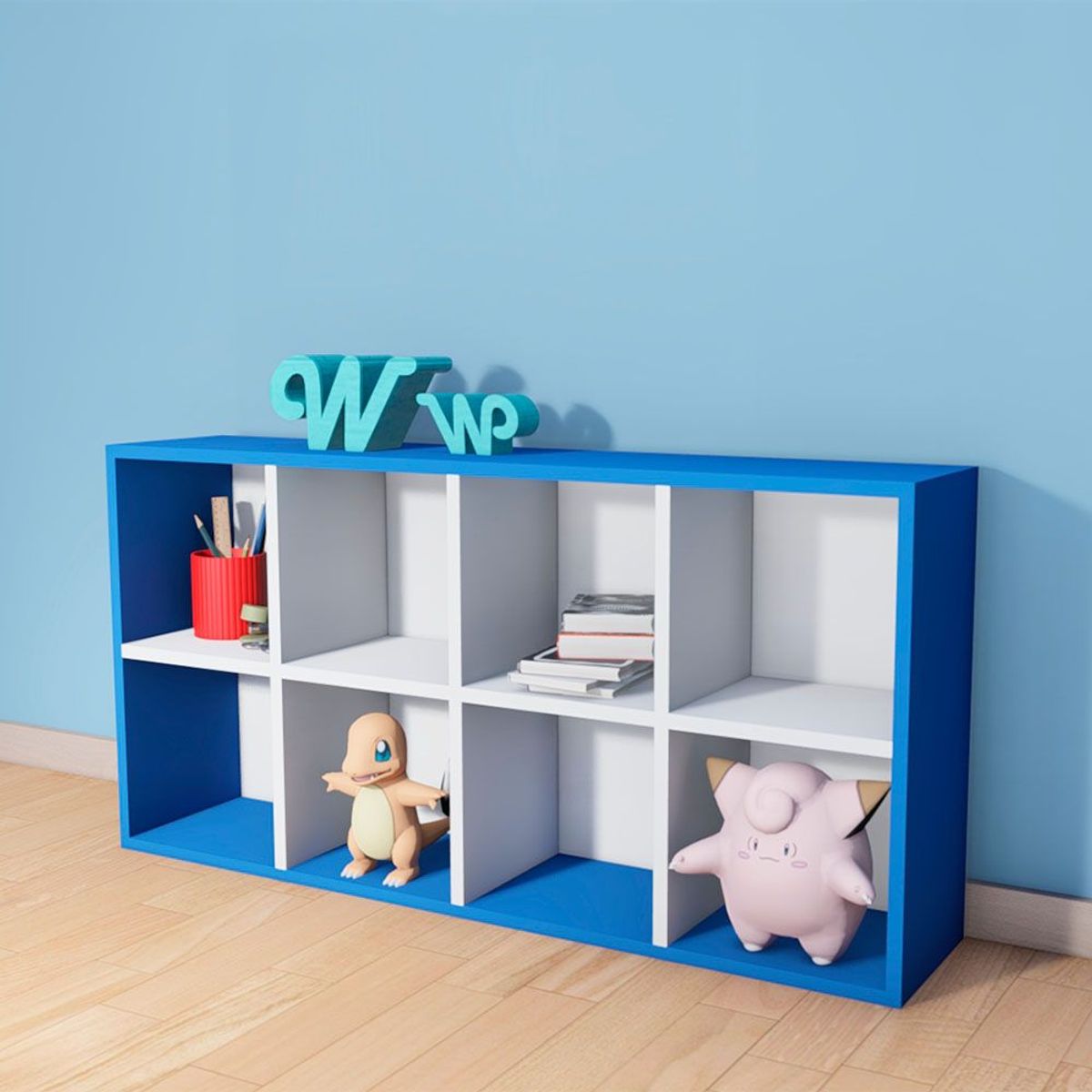 WONDER WOOD MUEBLERIA - Organizador Juguetero Montessori Wonder Wood Muebleria de 8 Compartimientos Melamina Blanca/Azul