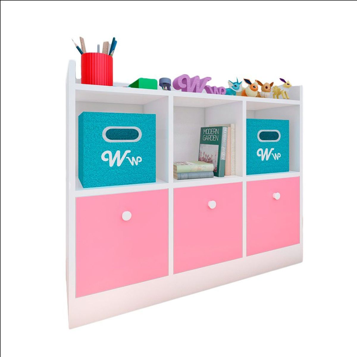 WONDER WOOD MUEBLERIA - Comoda Juguetero Montessori Wonder Wood Muebleria de 3 Espacios/3 Cajones Melamina Blanca/Rosado