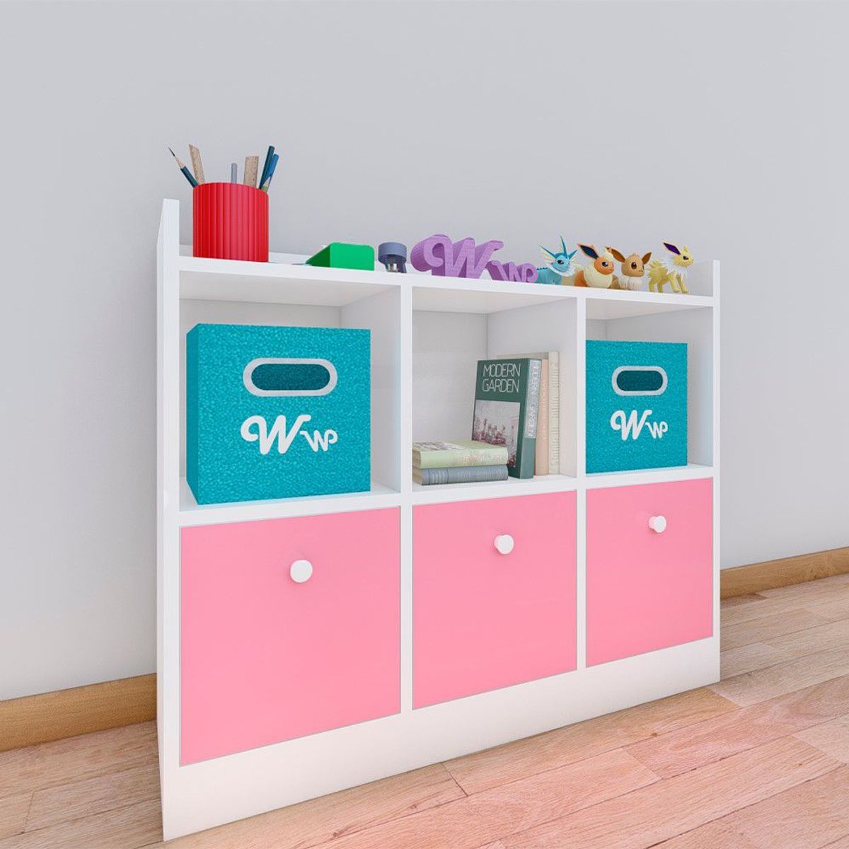 WONDER WOOD MUEBLERIA - Comoda Juguetero Montessori Wonder Wood Muebleria de 3 Espacios/3 Cajones Melamina Blanca/Rosado