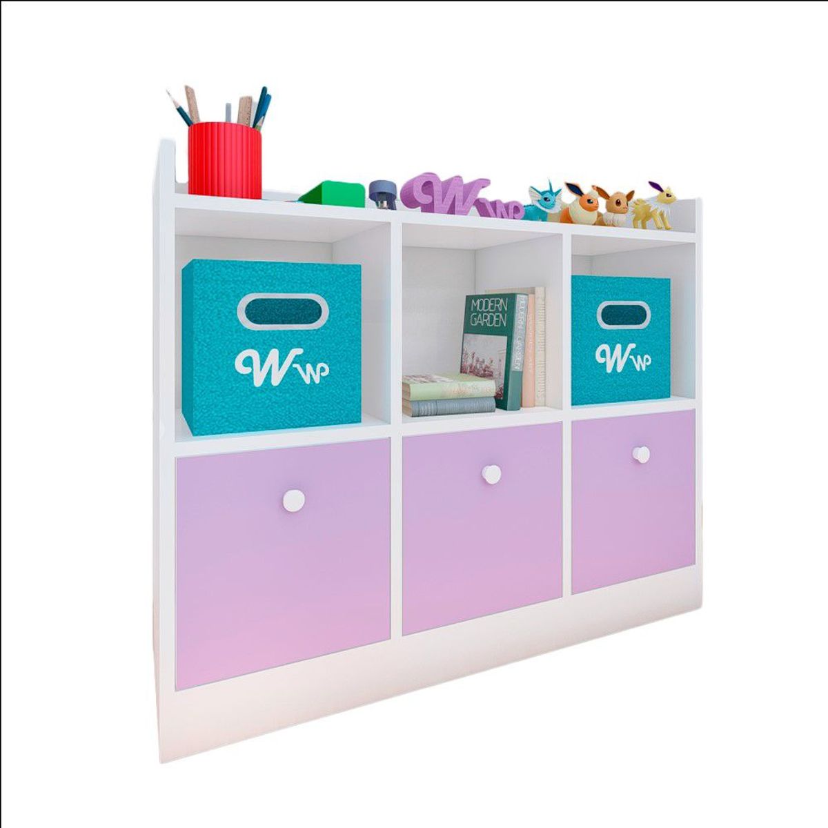 WONDER WOOD MUEBLERIA - Comoda Juguetero Montessori Wonder Wood Muebleria de 3 Espacios/3 Cajones Melamina Blanca/Lila