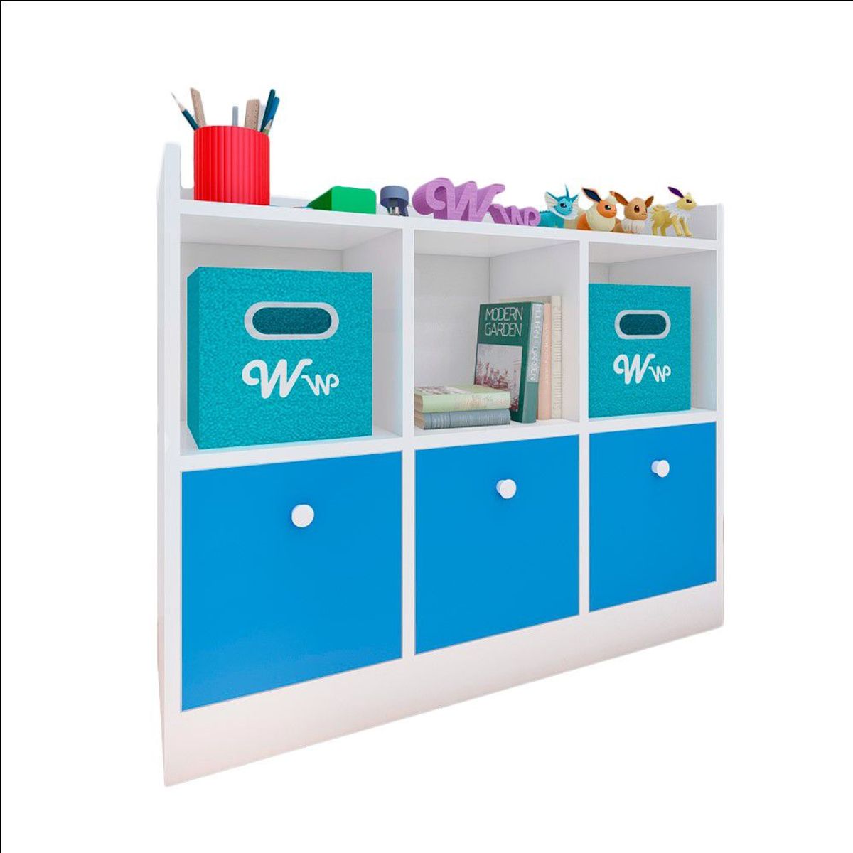 WONDER WOOD MUEBLERIA - Comoda Juguetero Montessori Wonder Wood Muebleria de 3 Espacios/3 Cajones Melamina Blanca/Azul