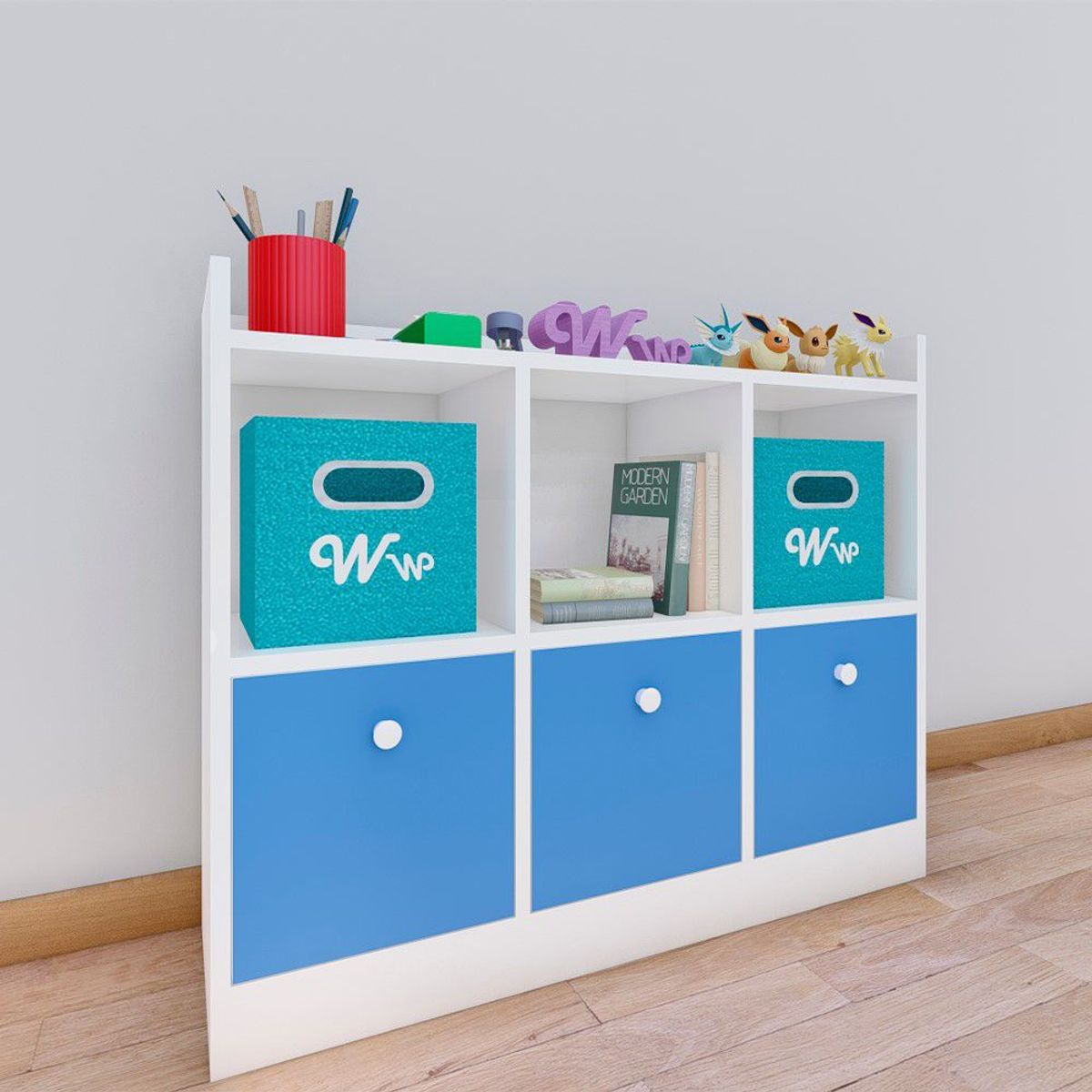 WONDER WOOD MUEBLERIA - Comoda Juguetero Montessori Wonder Wood Muebleria de 3 Espacios/3 Cajones Melamina Blanca/Azul