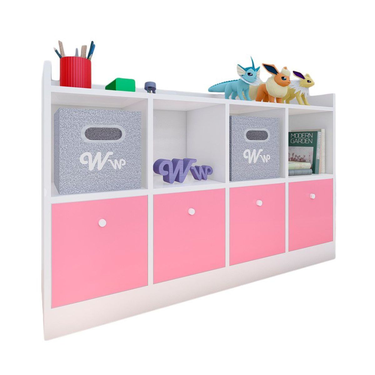 WONDER WOOD MUEBLERIA - Comoda Juguetero Montessori Wonder Wood Muebleria de 4 Espacios/4 Cajones Melamina Blanca/Rosado