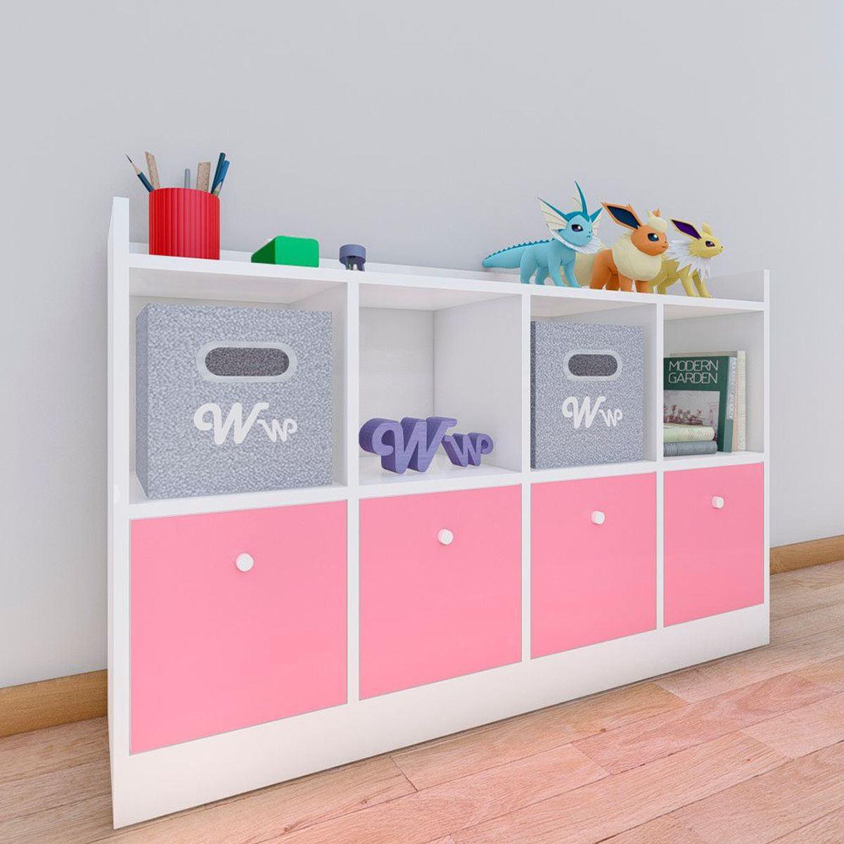 WONDER WOOD MUEBLERIA - Comoda Juguetero Montessori Wonder Wood Muebleria de 4 Espacios/4 Cajones Melamina Blanca/Rosado