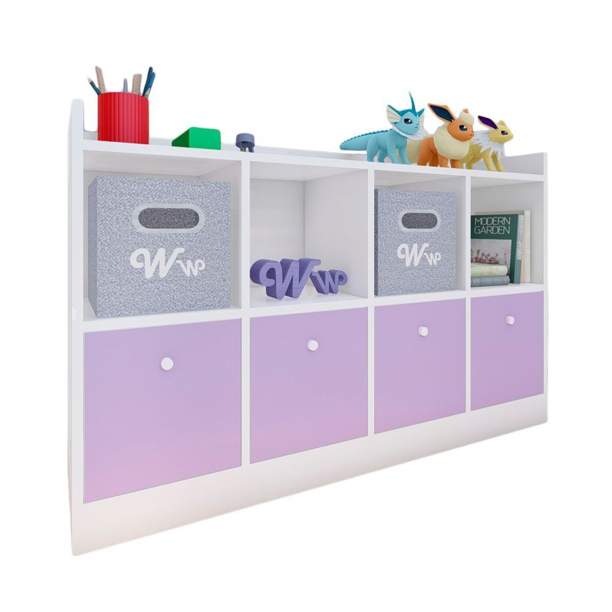 WONDER WOOD MUEBLERIA - Comoda Juguetero Montessori Wonder Wood Muebleria de 4 Espacios/4 Cajones Melamina Blanca/Lila