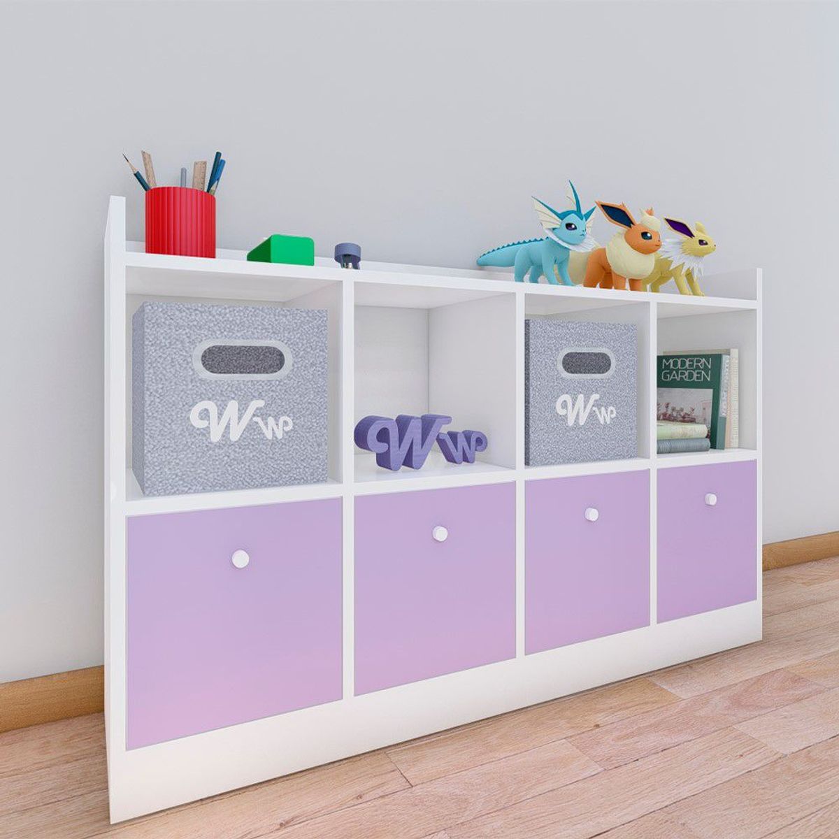 WONDER WOOD MUEBLERIA - Comoda Juguetero Montessori Wonder Wood Muebleria de 4 Espacios/4 Cajones Melamina Blanca/Lila