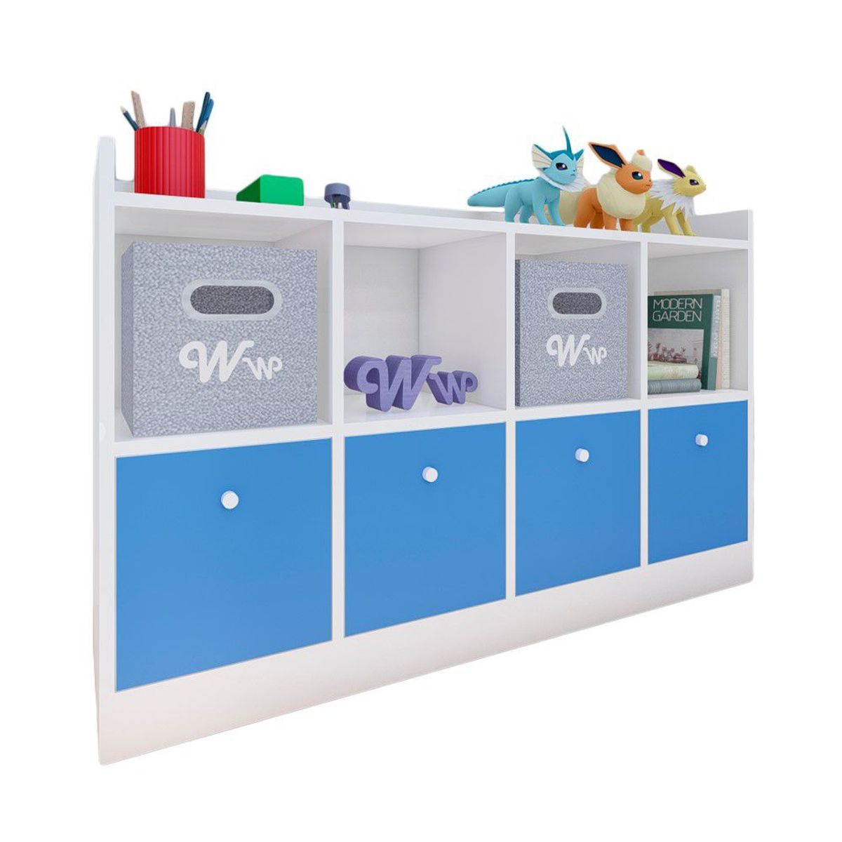 WONDER WOOD MUEBLERIA - Comoda Juguetero Montessori Wonder Wood Muebleria de 4 Espacios/4 Cajones Melamina Blanca/Azul