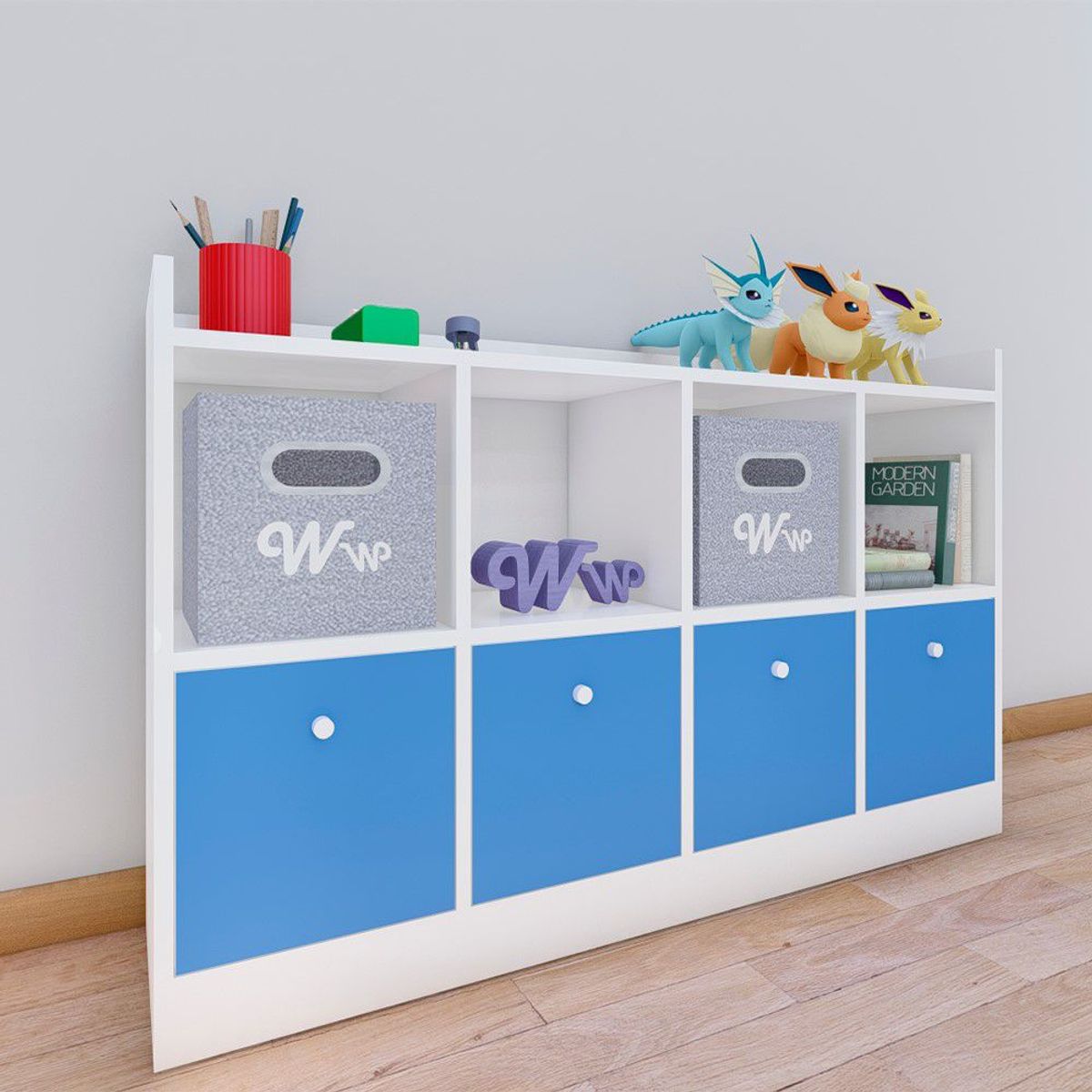 WONDER WOOD MUEBLERIA - Comoda Juguetero Montessori Wonder Wood Muebleria de 4 Espacios/4 Cajones Melamina Blanca/Azul