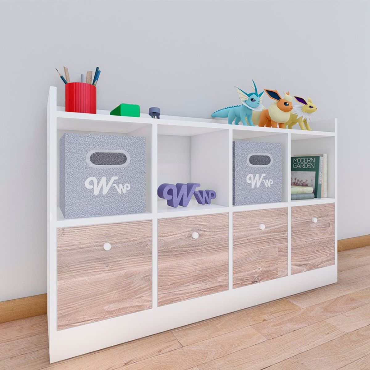 WONDER WOOD MUEBLERIA - Comoda Juguetero Montessori Wonder Wood Muebleria de 4 Espacios/4 Cajones Melamina Blanca/Damasco