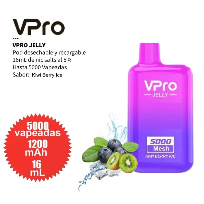 GENERICO - Vpro New Jelly, Desechable, 5000 Puffs, 5% - KIWI BERRY ICE