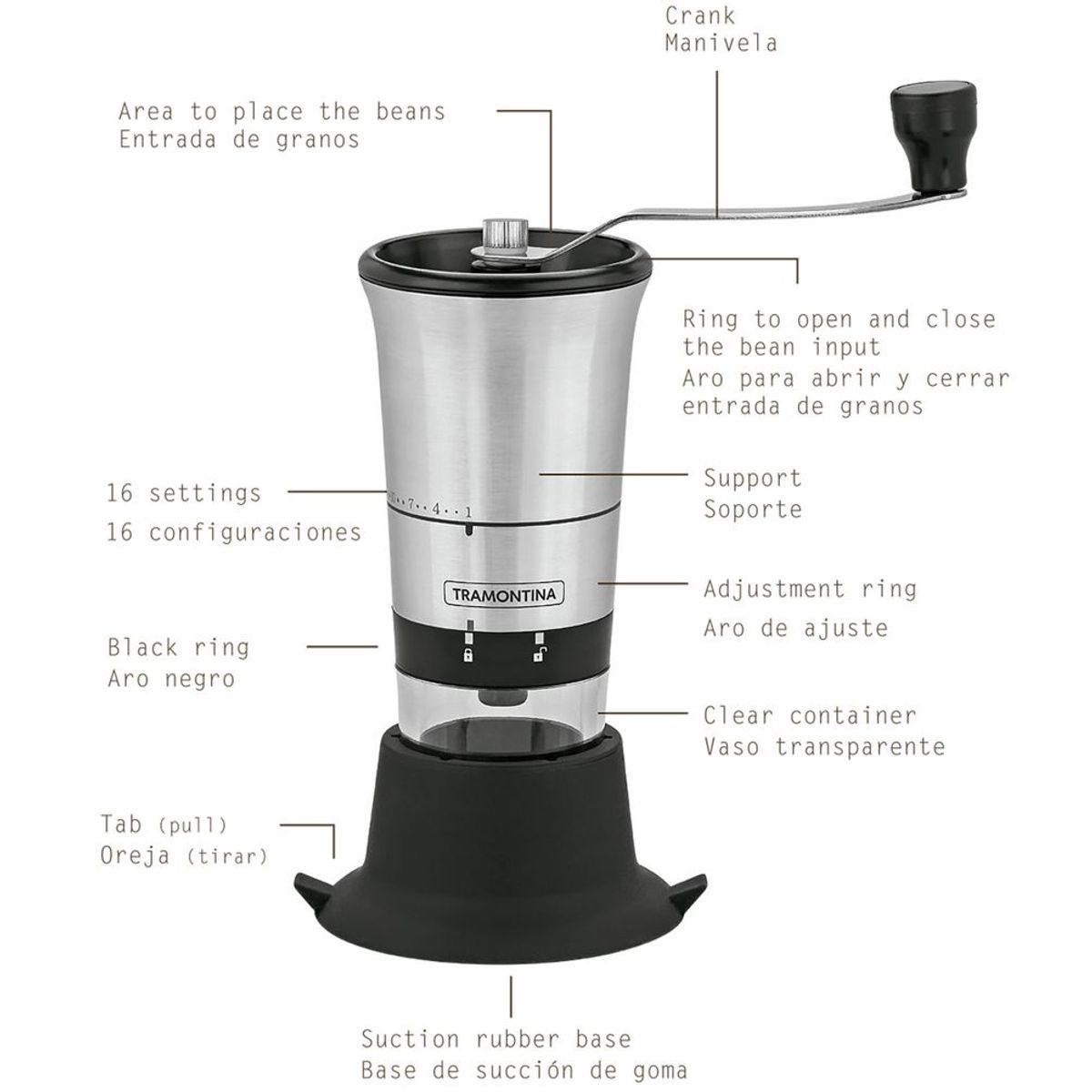 TRAMONTINA - Molinillo de Café de Acero inoxidable CCuerpo Acrílico - Tramontina