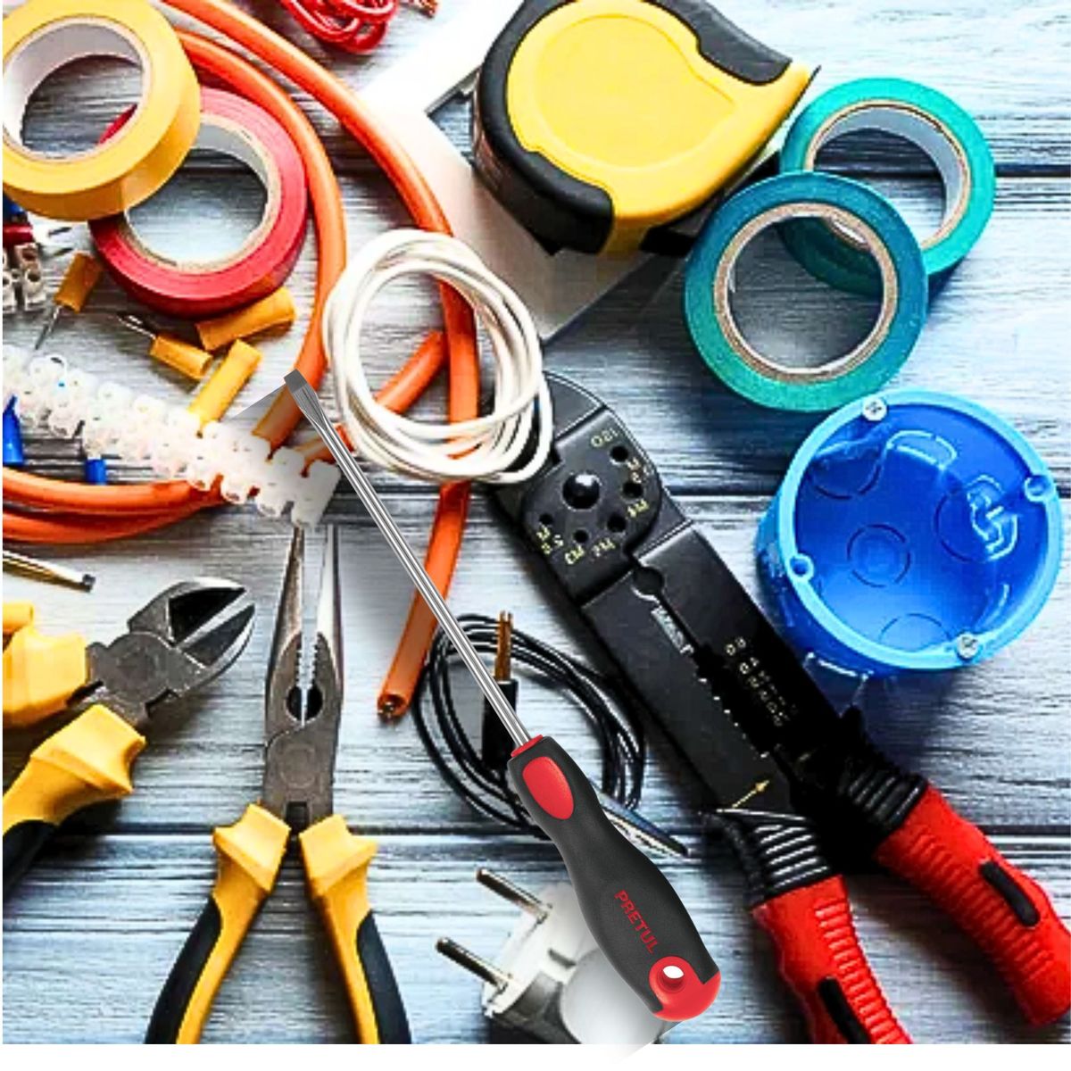 PRETUL - Kit, alicate pelacable ponchador, 8 desarmadores, probador de fase