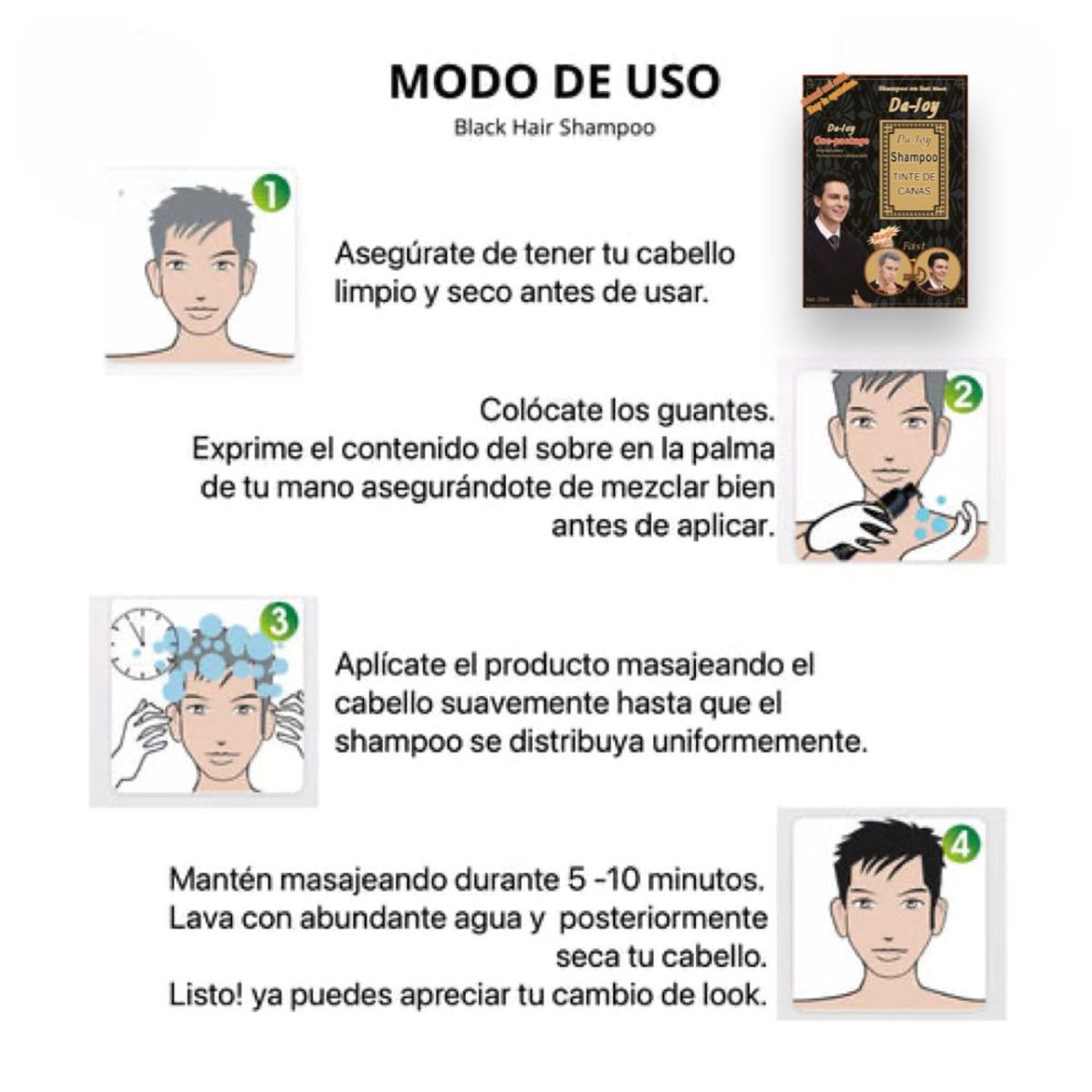 DEXE - SHAMPOO TINTE DE CABELLO BARBA CEJAS CANAS A NEGRO