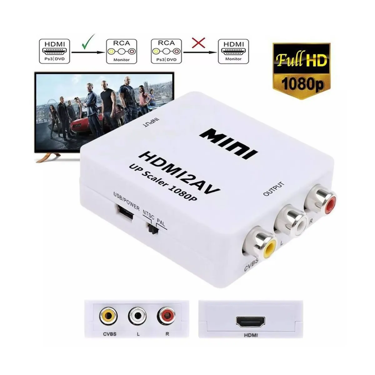 GENERICO - Adaptador Convertidor HDMI a RCA Video Pal NTSC Blanco
