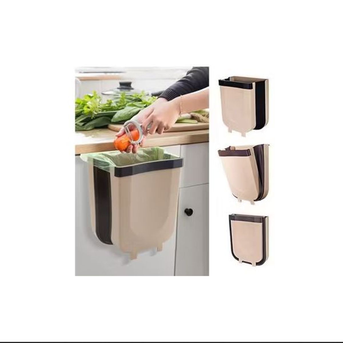 GENERICO - TACHO DE BASURA PLEGABLE PARA COCINA BEIGE CON MARRÓN