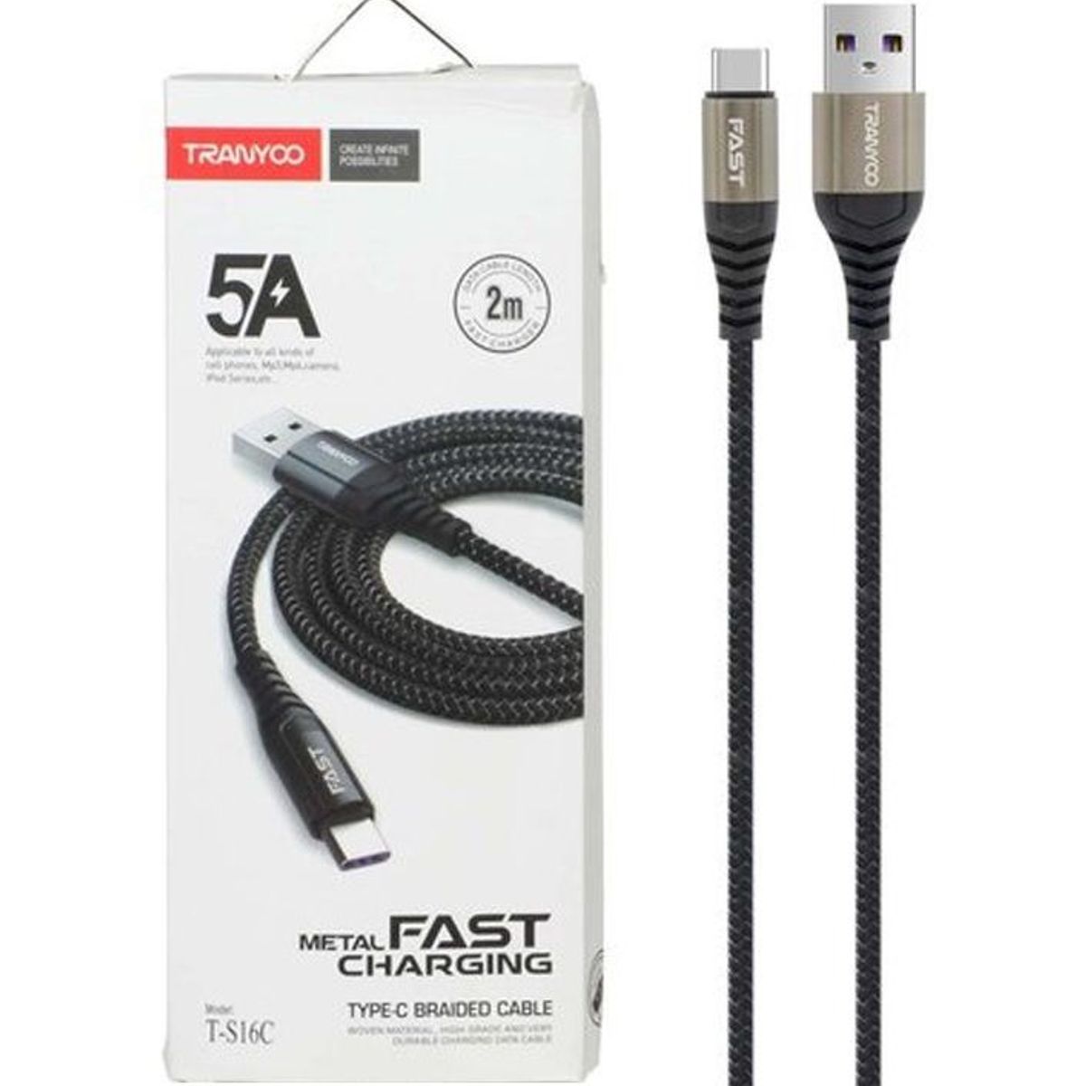 TRANYOO - Cable Usb Tipo C - 2 Metros Tranyoo - Carga Rapida Con Malla