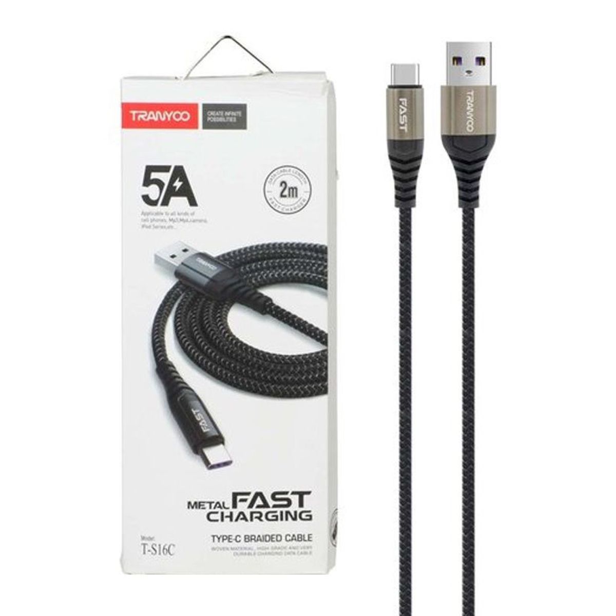 TRANYOO - Cable Usb Tipo C - 2 Metros Tranyoo - Carga Rapida Con Malla