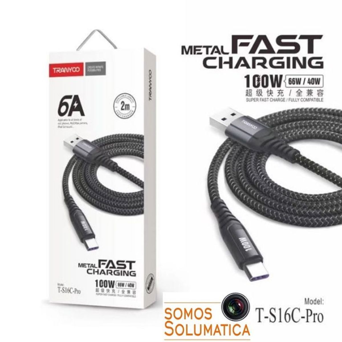 TRANYOO - Cable Usb Tipo C - 2 Metros Tranyoo - Carga Rapida Con Malla