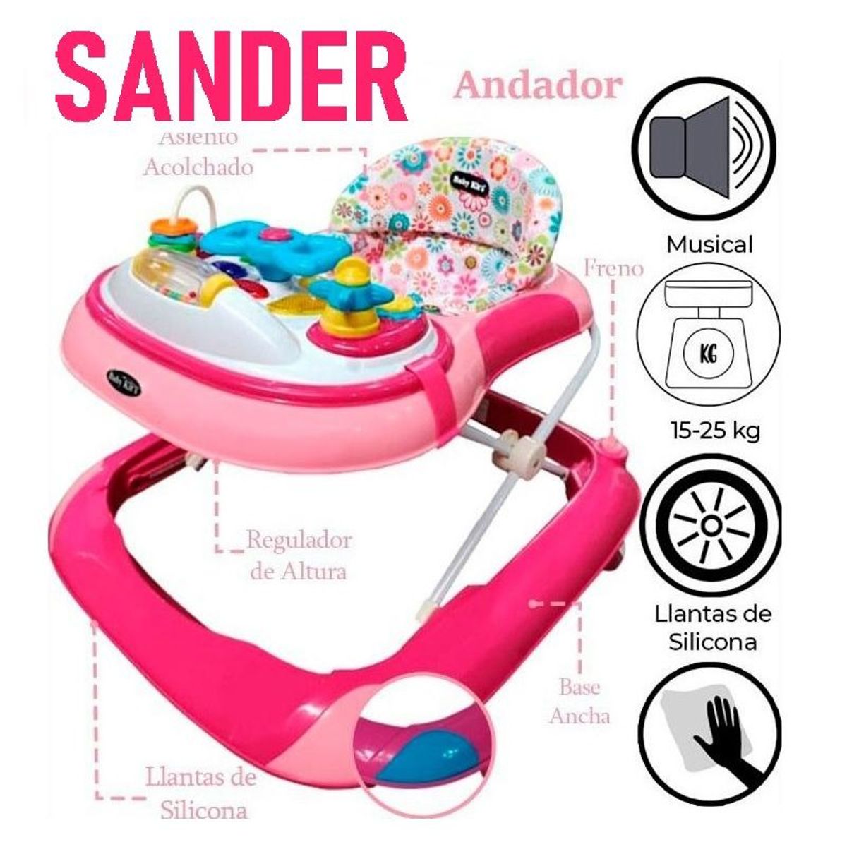 BABY KITS - Andador con Bandeja Musical y Juguetes Baby Kits SANDER Rosa