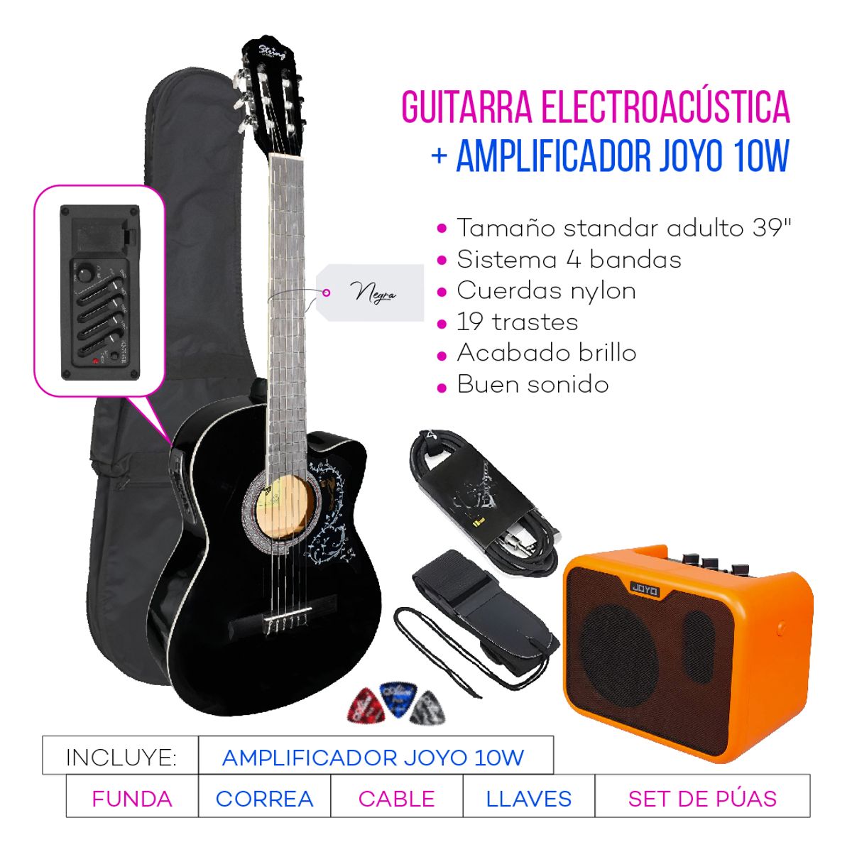 GENERICO - PACK ELECTROACUSTICO NYLON NEGRO
