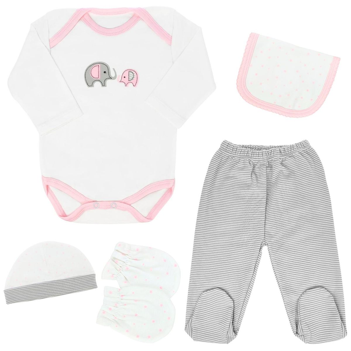GENERICO - Ajuar Bebe - Algodón - Elefante - 6 piezas - Rosado G