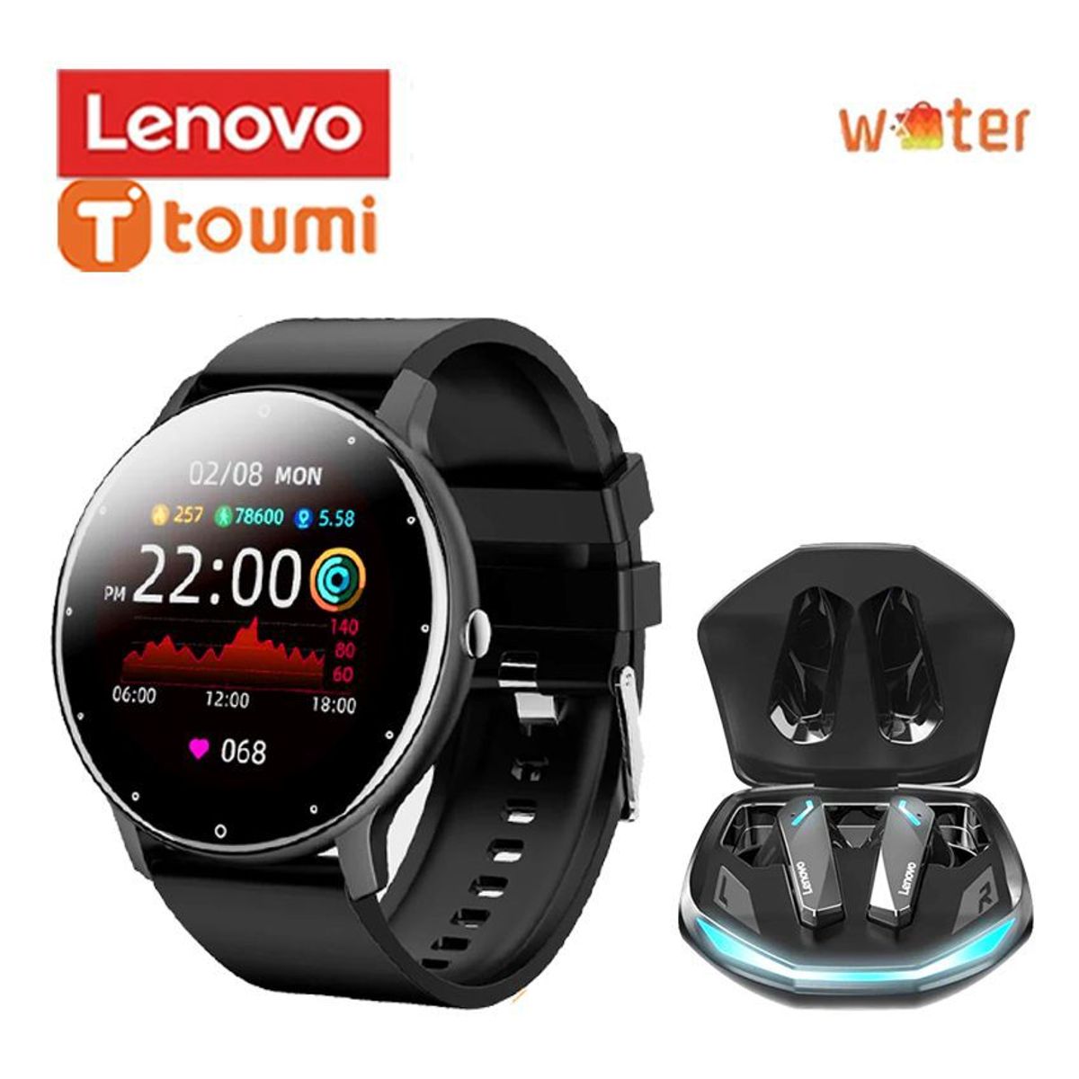 LENOVO - Audífonos Lenovo GM2 Pro Tws-Blanco y Toumi Fit 2 watch-Negro