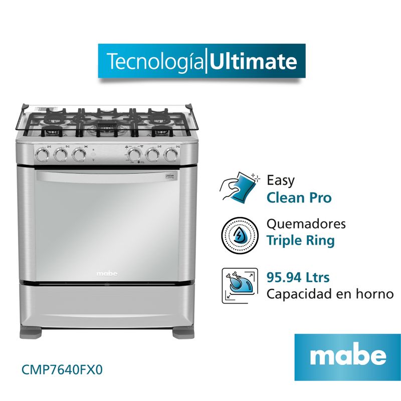 MABE - Cocina de piso a gas 76 cm Inox Mabe - CMP7640FX0