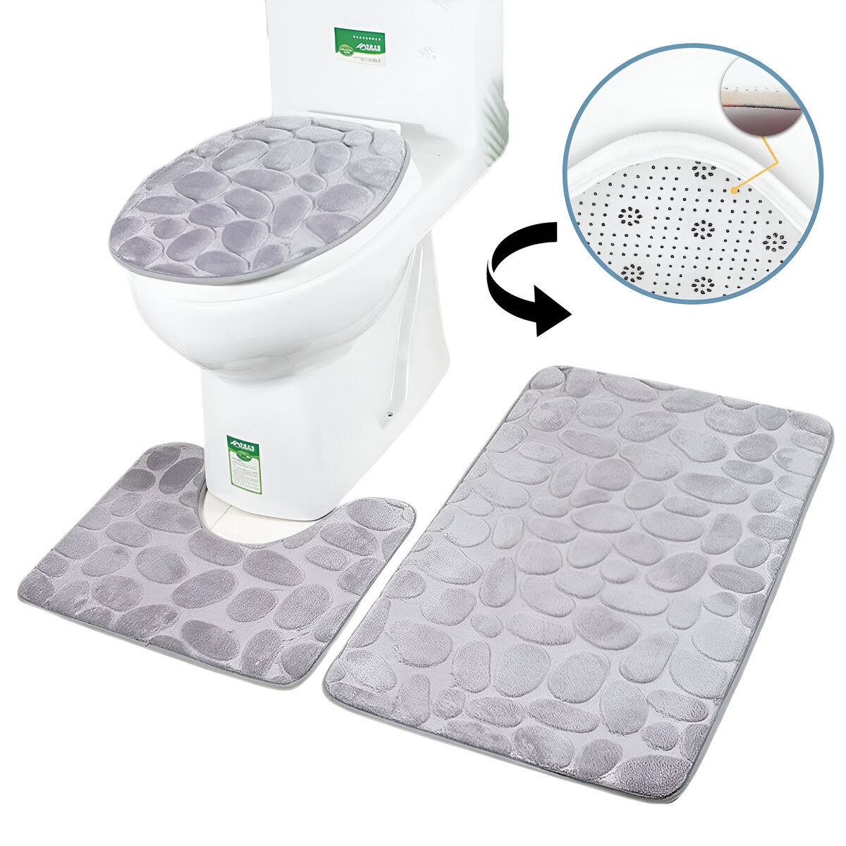 ELMEJORPRECIO - Set De 3 Alfombras Para Baño Antideslizante Absorbente Gris