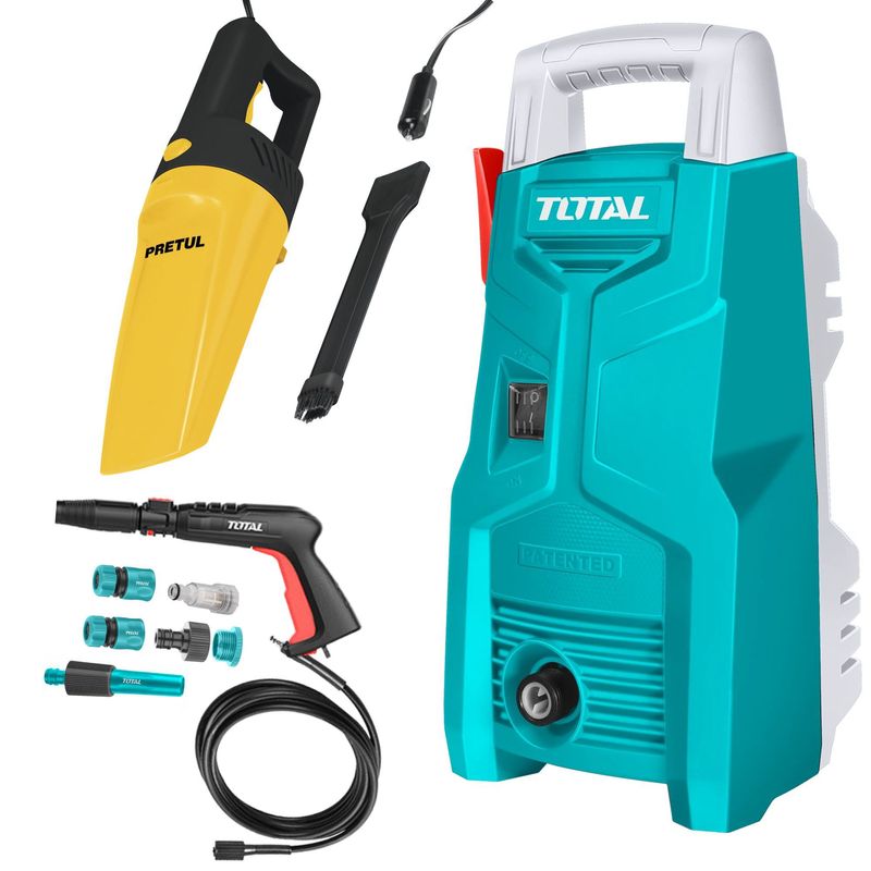 TOTAL TOOLS - Combo Hidrolavadora alta presión 1200W 1300 PSI,  aspirador  12V