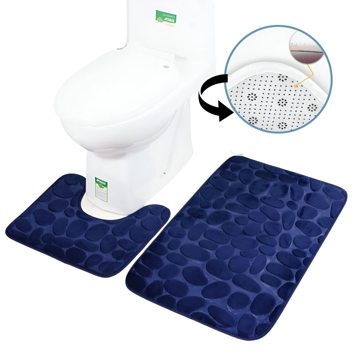 ELMEJORPRECIO - Set De 3 Alfombras Para Baño Antideslizante Absorbente Azul Marino