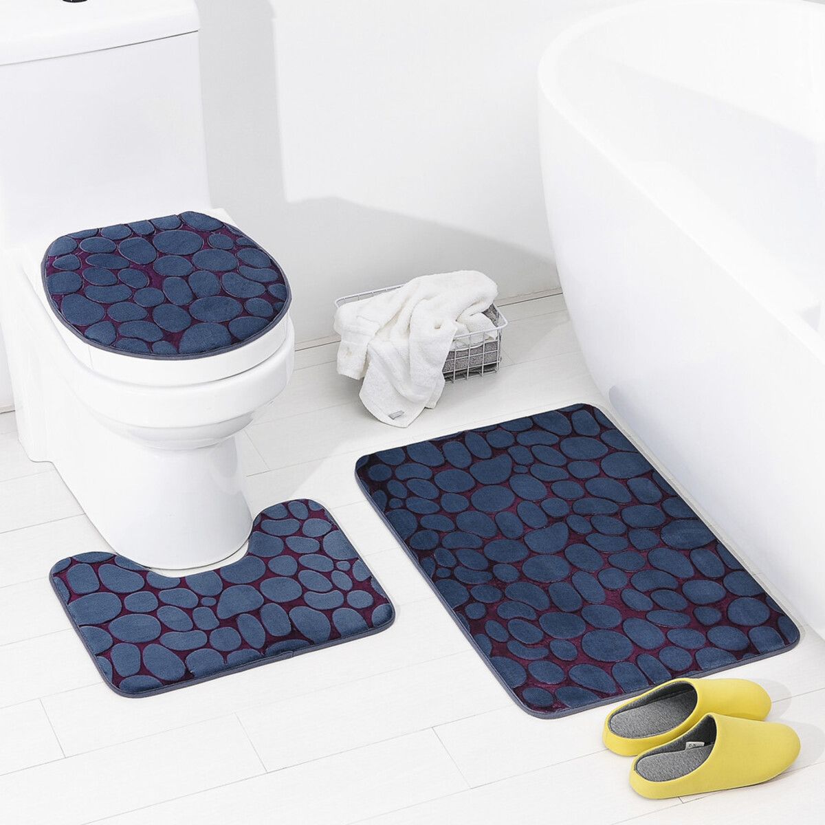 ELMEJORPRECIO - Set De 3 Alfombras Para Baño Antideslizante Absorbente Azul Marino